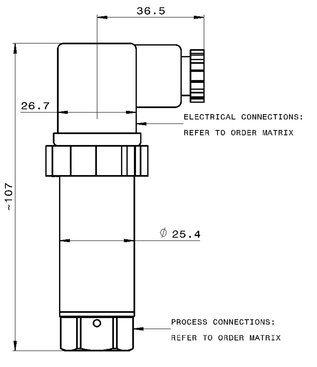 Technical drawing for HP1000 high pressure transmitter