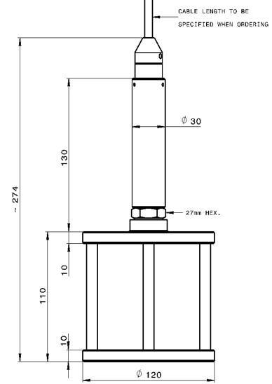 Technical drawing of PR3420 submersible pressure transmitter with sludge platform