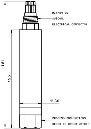 Technical drawing for PR3930 subsea pressure transmitter with RS-485 or Modbus RTU interface