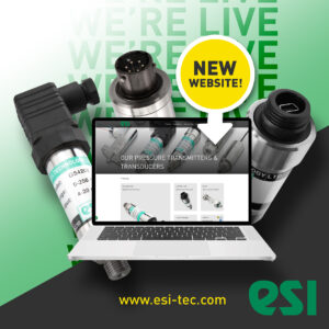 An image of a laptop with the new ESI website on the screen. Behind it are some pressure transmitters. A yellow circle above the laptop says "new wesbite". The website url is below the laptop (esi-tec.com) next to the green ESI logo