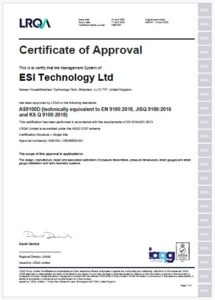 ESI Technology Ltd AS9100D Certification for aviation, defence and space