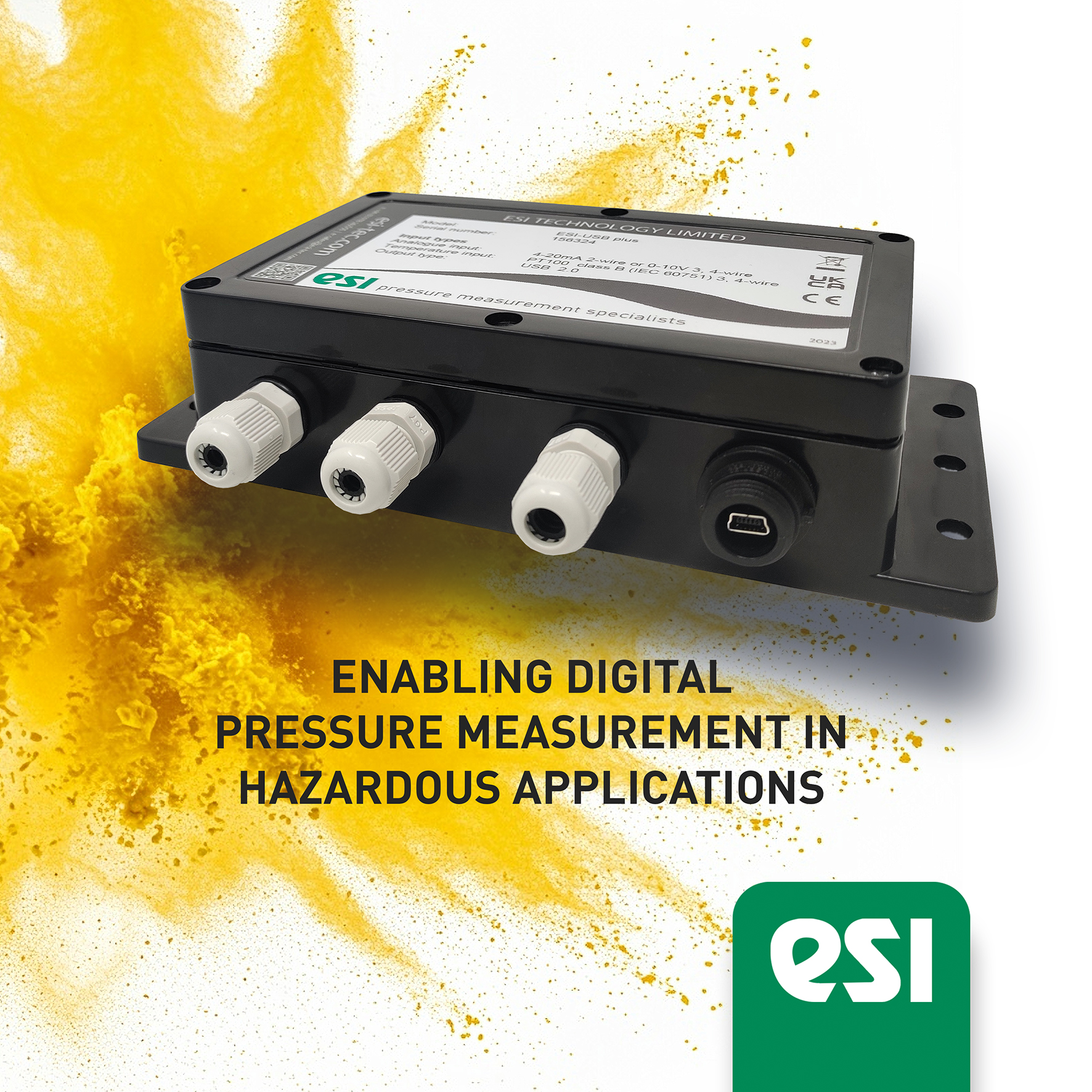 ESI-USB-PLUS box in front of a hazardous explosion of yellow dust